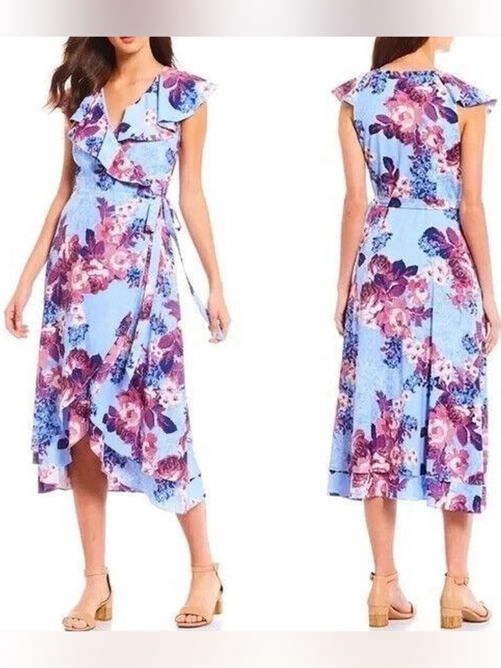 Floral Ruffle Wrap Midi Dress - Light Blue
